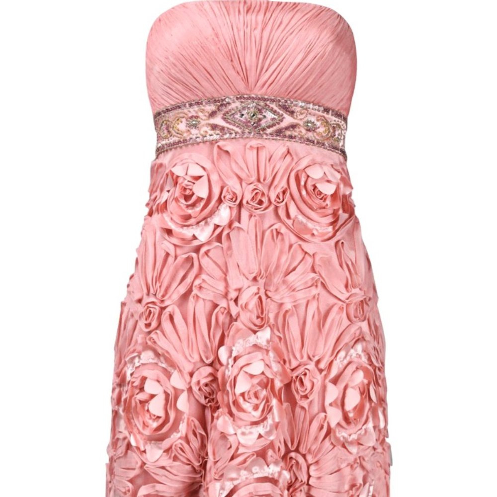 Strapless Ruched Bust Beaded Waist Floral Appliqué Mesh Cocktail Dress